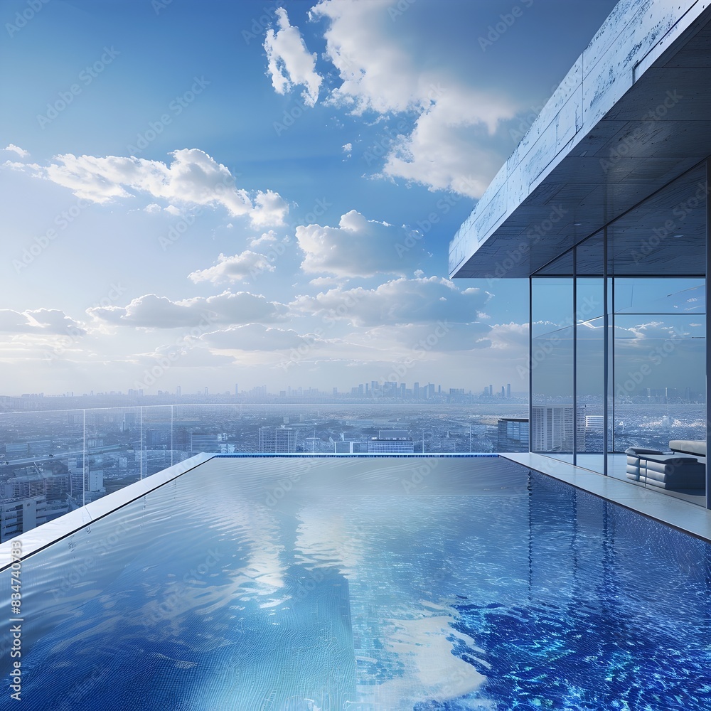 Fototapeta premium Infinity Pool at High-End Spa with Panoramic City Views and Tranquil Background