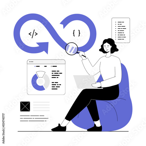 DevOps developer concept. Programmer working on software development, operations process, technical support, automation process. Vector illustration with line people for web design.