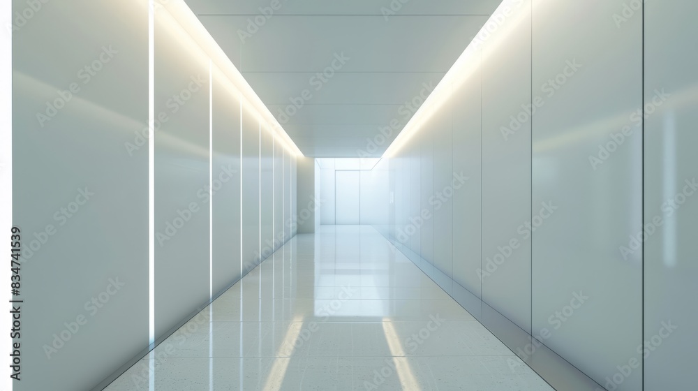 Perspective view of blank light wall in modern office corridor interior, ideal for poster or banner mockup, 3d rendering Perspective view of blank light wall in modern office corridor interior, ideal for poster or banner mockup, 3d rendering