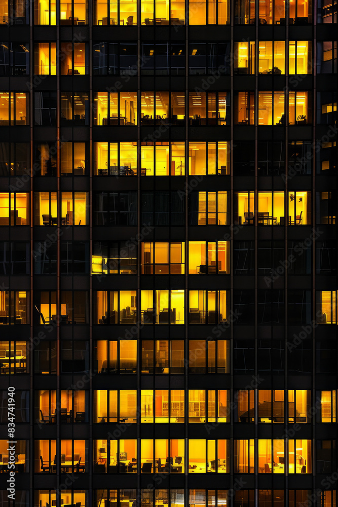An office building at night, filled with glowing windows like the lights of an urban cityscape, captures the symmetrical arrangement and grid effect. An office building at night, filled with glowing windows like the lights of an urban cityscape, captures the symmetrical arrangement and grid effect.