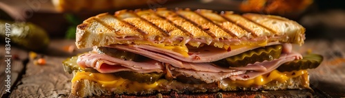 Cuban sandwich, pressed and grilled with ham, cheese, and pickles, vibrant street in Havana