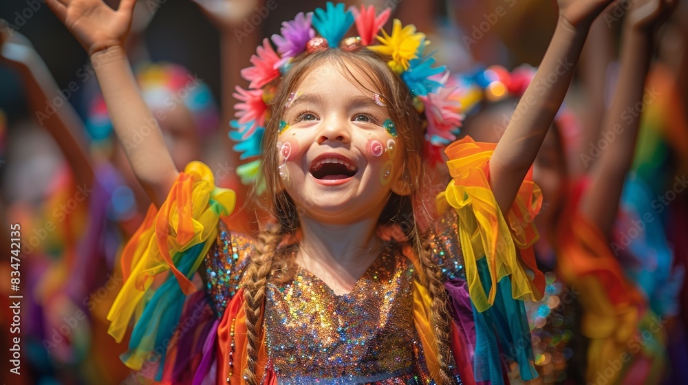 Fototapeta premium A stage performance with children acting out a play in bright costumes.