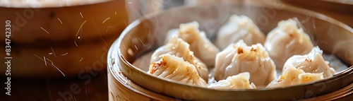 Dumplings, steamed and served with soy sauce, bustling dim sum restaurant in Hong Kong photo