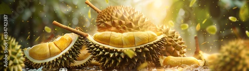 Durian, strongsmelling fruit, sliced open in a Malaysian fruit stall, vibrant tropical setting photo