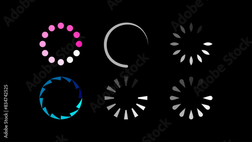 A collection of six distinct loading and progress indicators on a black background. The set includes various designs such as dotted circles, semi-circles, and abstract shapes in different colors