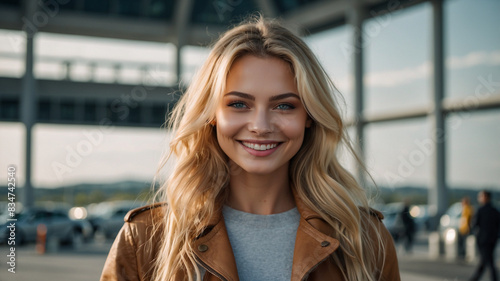 Lächelnde blonde Frau vor Flughafen photo