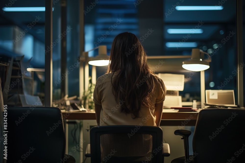 Obraz premium A woman sits at a desk with a laptop and a plant