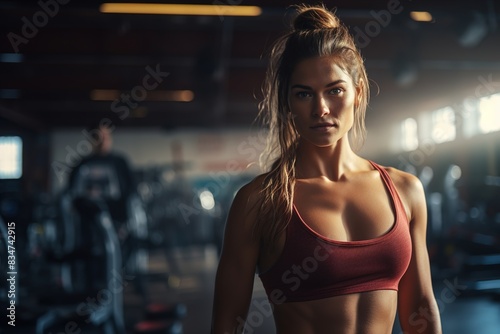 A woman in a red tank top poses in a gym © Juan Hernandez