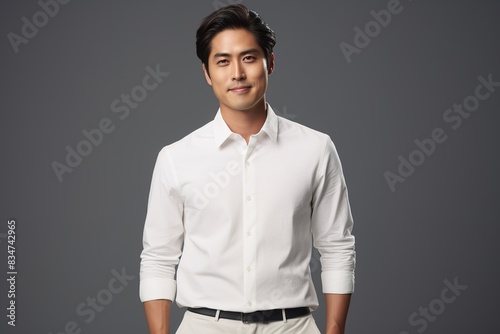 A man in a white shirt and khaki pants is smiling for the camera