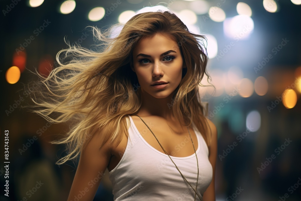 A woman with long blonde hair poses for a photo in front of a blurry background A woman with long blonde hair poses for a photo in front of a blurry background