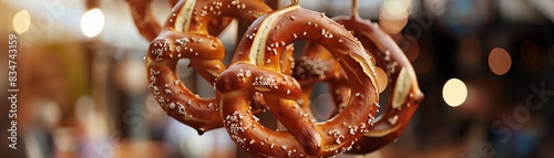 Freshly baked German pretzels hanging on a wooden stand, closeup, detailed texture of the crust, blurred Bavarian beer garden in the background