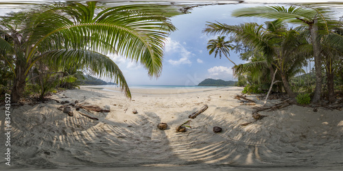 Fototapeta Naklejka Na Ścianę i Meble -  360 panoramic view of sandy beach with palm trees on tropical island in sea or ocean bay on sunny day.
