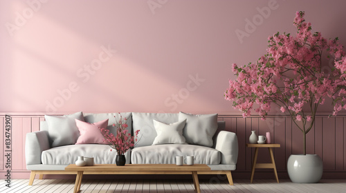Poster mockup design concept with a sofa set, a small vase, mug on a table and a big flower tree vase beside the sofa in front of a pastel pink color blank wall © s1pkmondal143