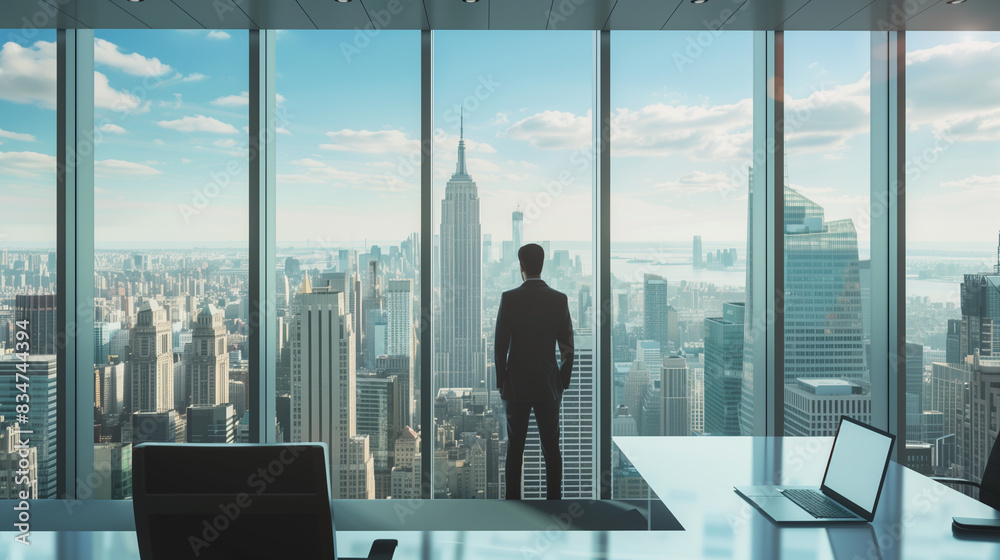 Fototapeta premium A man in a suit is sitting at a desk with a laptop in front of him. He is looking out the window at the city skyline. Concept of focus and productivity