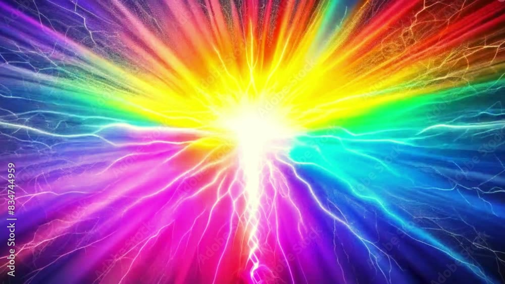 Electrical charges and impulses expand from the center in a bright color spectrum, animation.