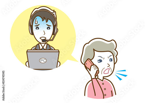 電話でクレームを入れるおばあさんのイラスト.
