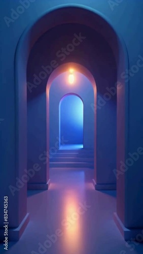 Animation of a hallway with several doorways resembling a tunnel in blue colors and backlighting.