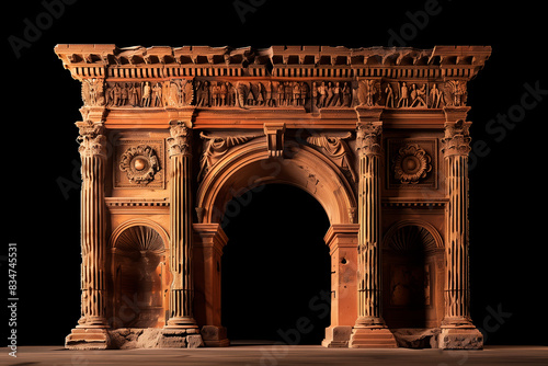 Ancient Roman triumphal arch with ornate carvings and columns, isolated on a black background. Architectural detail of historical monument showcasing intricate stonework and classical design elements.