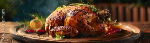 Lemongrass roasted chicken, whole bird, rustic wooden platter, outdoor village feast photo