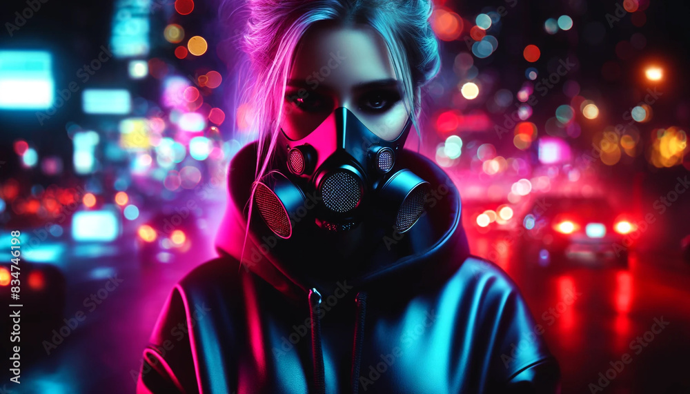 A woman in a hoodie with a gas mask on her face. The photo is in a neon color scheme and has a futuristic feel to it A woman in a hoodie with a gas mask on her face. The photo is in a neon color scheme and has a futuristic feel to it