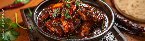 Mole poblano, chicken in rich chocolate and chili sauce, festive Mexican gathering photo