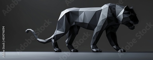 Polygonal low poly panther in black, walking on a dark grey background, minimalist style photo