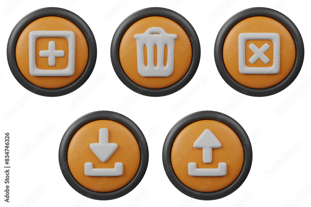 3D Set Button Icon Upload, Download, Close, and Add with Orange Color and Black Border for Creative User Interface and web design button 3D Set Button Icon Upload, Download, Close, and Add with Orange Color and Black Border for Creative User Interface and web design button