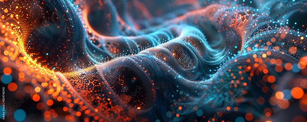 Glowing orange and blue light particles in a translucent organic cell, 3D sci-fi rendering Glowing orange and blue light particles in a translucent organic cell, 3D sci-fi rendering