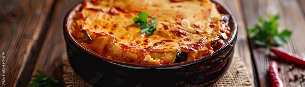 Moussaka, eggplant and meat casserole, served bubbling hot, cozy Greek taverna Moussaka, eggplant and meat casserole, served bubbling hot, cozy Greek taverna