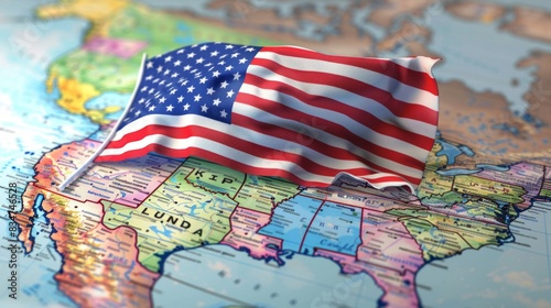 American flag draped across a map background wallpaper. Independence Day (United States)  conecept photo