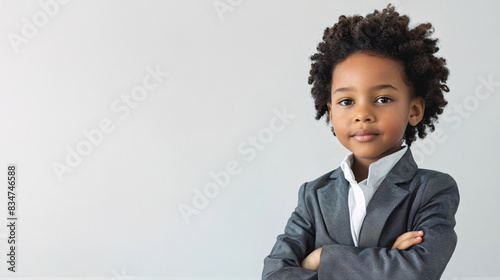 A cute, happy and confidence young African American black boy dresses like a businessman on a plain white background with copy space for text. photo