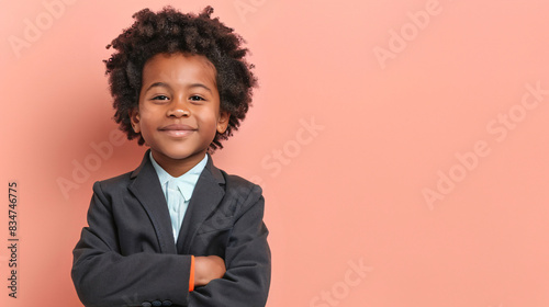 A cute, happy and confidence young African American black boy dresses like a businessman on a plain pink background with copy space for text. photo