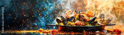 Paella, rich and colorful Spanish rice dish with seafood, vibrant Valencia festival