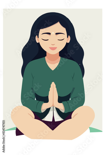Happy calm young Hispanic woman holding hands in namaste meditating doing yoga breathing exercises with eyes closed feeling peace of mind, mental balance standing in green nature tropical park.