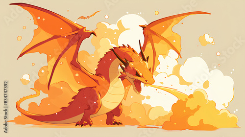 cute baby dragon spitting fire with a simple background