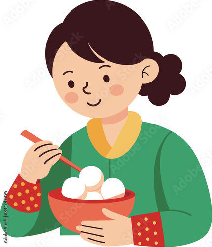 Eating tangyuan, sweet rice balls, for good luck illustration