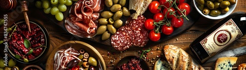 Platter of Italian antipasti featuring cured meats, cheeses, and olives, overhead shot with a bottle of Chianti, traditional Tuscan vineyard in the distance photo
