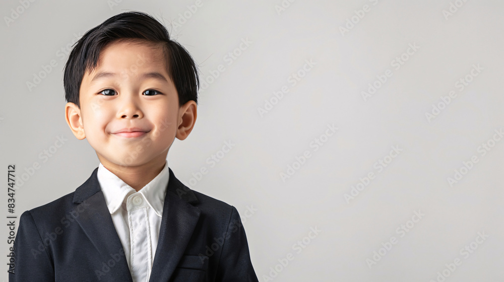 A cute, happy and confidence young Asian boy dresses like a businessman on a plain white background with copy space for text. A cute, happy and confidence young Asian boy dresses like a businessman on a plain white background with copy space for text.