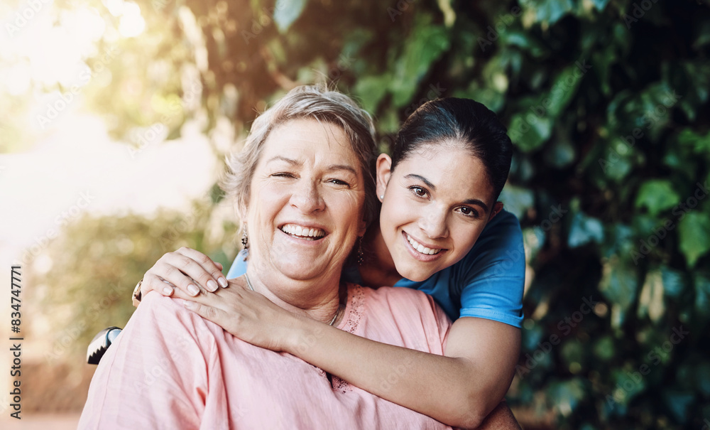 Healthcare, happy and senior woman hugging nurse in portrait at retirement home for assisted living. Mature, female person and smile with embrace for caregiver in garden for rehab, support and care Healthcare, happy and senior woman hugging nurse in portrait at retirement home for assisted living. Mature, female person and smile with embrace for caregiver in garden for rehab, support and care