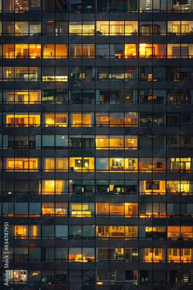 An office building at night, filled with glowing windows like the lights of an urban cityscape, captures the symmetrical arrangement and grid effect. An office building at night, filled with glowing windows like the lights of an urban cityscape, captures the symmetrical arrangement and grid effect.