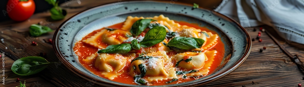 Ravioli, stuffed with ricotta and spinach, served in a basil tomato sauce, familystyle Italian Sunday dinner Ravioli, stuffed with ricotta and spinach, served in a basil tomato sauce, familystyle Italian Sunday dinner