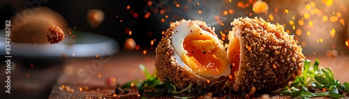 Scotch egg, boiled egg wrapped in sausage meat and breaded, British picnic in the countryside photo