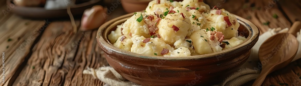 Slovakian bryndzove halusky, potato dumplings with sheep cheese and bacon, traditional ceramic bowl, wooden cabin interior, soft lighting Slovakian bryndzove halusky, potato dumplings with sheep cheese and bacon, traditional ceramic bowl, wooden cabin interior, soft lighting