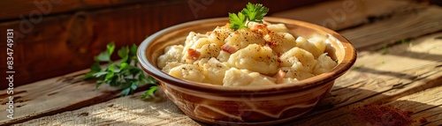 Slovakian bryndzove halusky, potato dumplings with sheep cheese and bacon, traditional ceramic bowl, wooden cabin interior, soft lighting photo