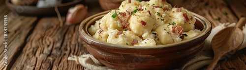 Slovakian bryndzove halusky, potato dumplings with sheep cheese and bacon, traditional ceramic bowl, wooden cabin interior, soft lighting photo