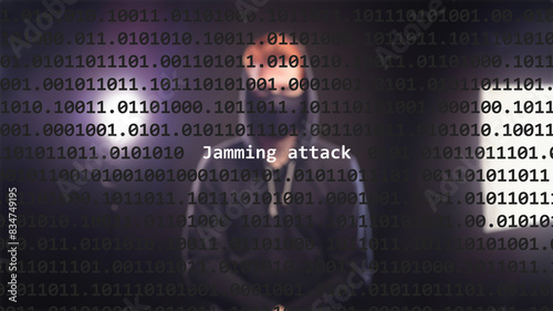Cyber attack jamming attack text in foreground screen, anonymous hacker hidden with hoodie in the blurred background. Vulnerability text in binary system code on editor program.