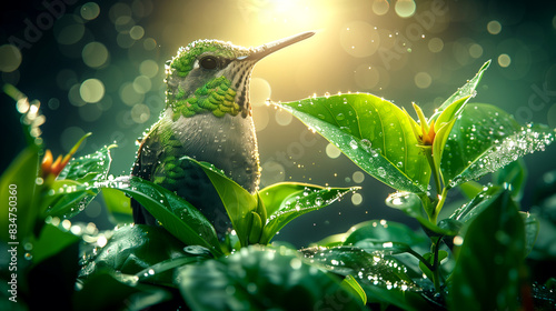 A hummingbird is sitting on a leafy green bush. The bird is surrounded by water droplets, giving the impression of a rainy day. The scene is peaceful and serene, with the bird looking up at the camera © RedPanda