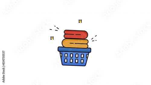 Animated basket with a pile of clothes on top, suitable for household cleaning product brochures and tool guides, on a transparent background