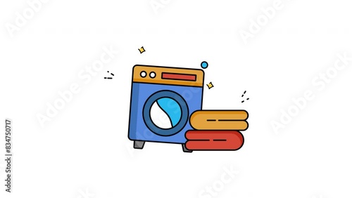 animated cartoon washing machine and clothes stack for laundry service advertisements. Perfect for household cleaning product brochures and appliance guides, with transparent background