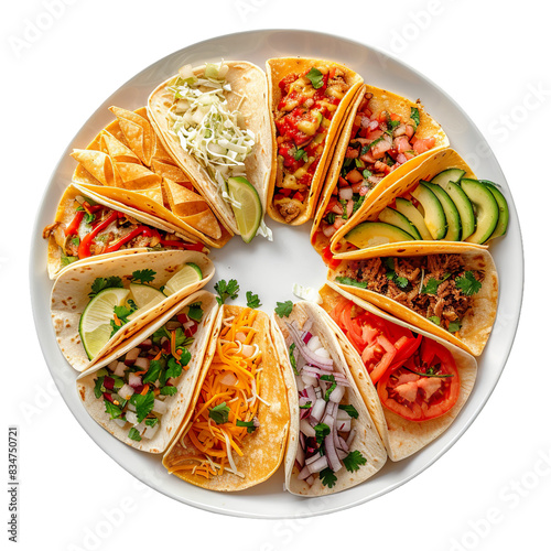 Assorted Tacos on a White Plate Featuring Various Toppings and Side of Tortilla Chips, Overhead View

 photo